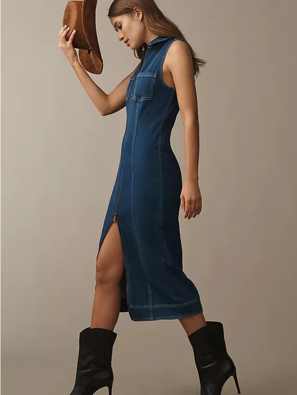 PILCRO • fitted denim midi dress sleeveless tank XXS cowgirl western anthro - Picture 3 of 8